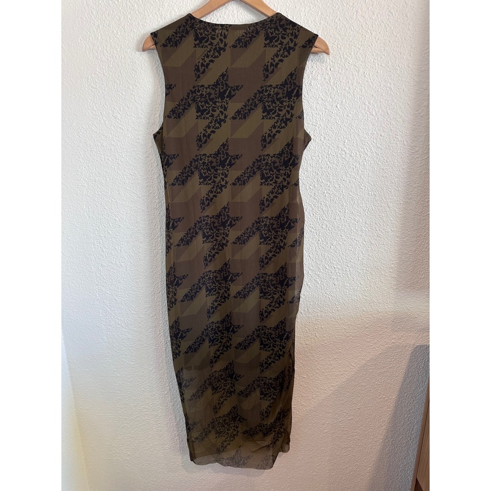 AllSaints Women Olive Green Mesh Houndstooth Floral Ruched Midi Dress US 10 - Picture 5 of 7